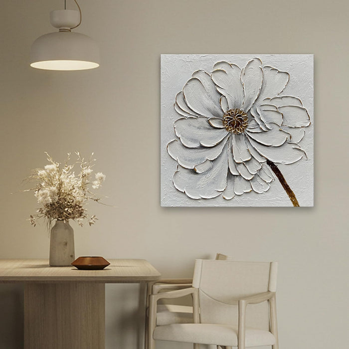 Art 24X24 Inches Hand-Painted Golden Texture White Flower Oil Painting. Modern Abstract Art. Suitable for Decoration on Walls of Living Room, Bedroom or Office