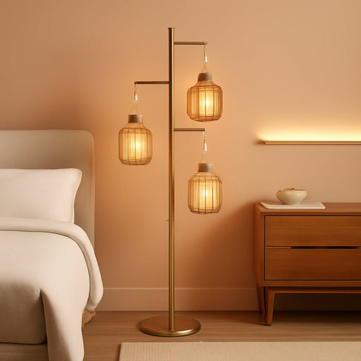 Dimmable Boho Floor Lamp - 3 Light Farmhouse Rattan Floor Lamp for Living Room, Industrial Tree Floor Lamps with 3 X 6W LED Bulbs, Rustic Standing Tall Lamp for Bedroom, 68", Gold
