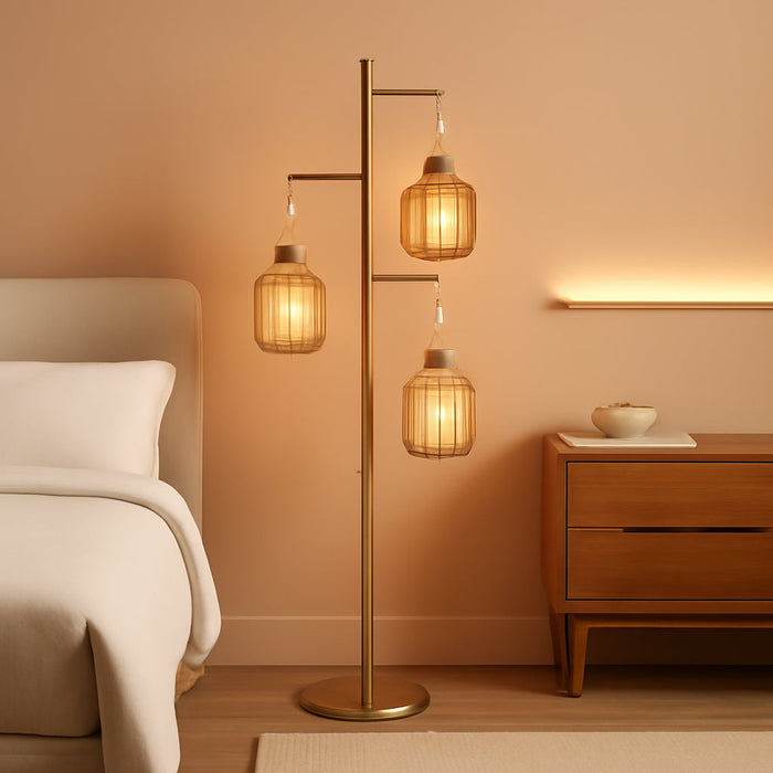 Dimmable Boho Floor Lamp - 3 Light Farmhouse Rattan Floor Lamp for Living Room, Industrial Tree Floor Lamps with 3 X 6W LED Bulbs, Rustic Standing Tall Lamp for Bedroom, 68", Gold