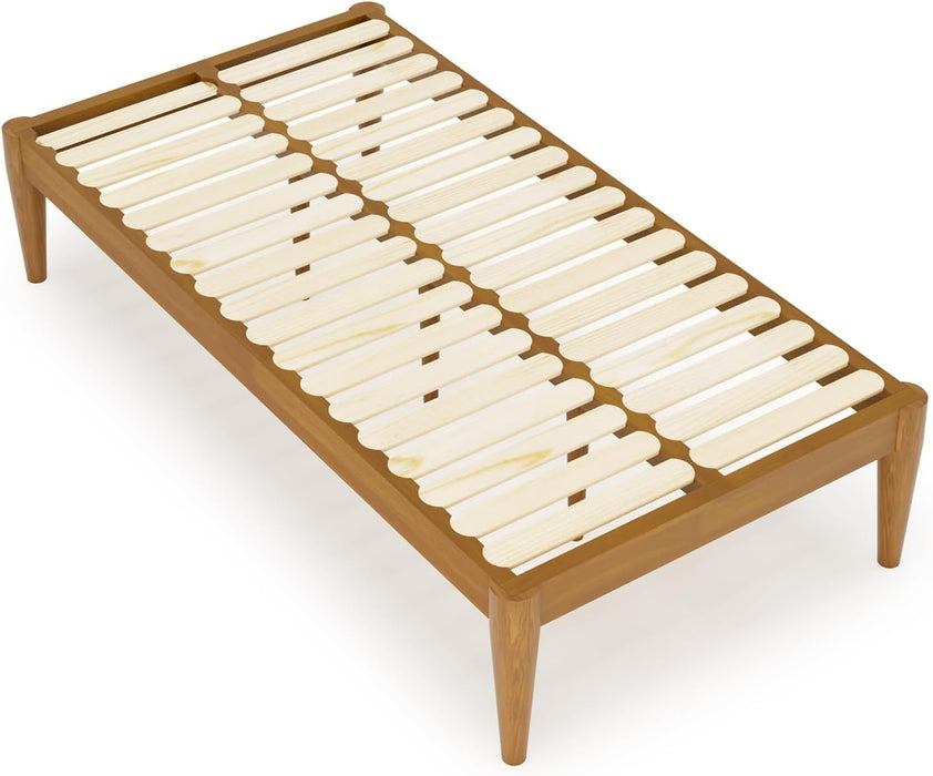 Twin Platform Bed Frame - 16" Wood Mattress Foundation Base, Teak