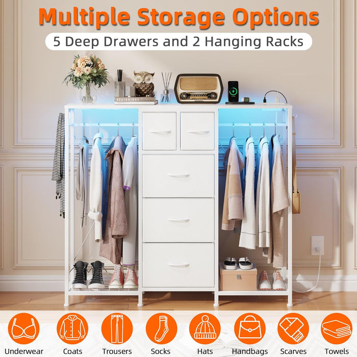 49.2“W Dresser with 2 Hanging Racks, 5 Drawers Dresser with LED Lights & Charging Station, Dressers TV Stand with Clothes Rack, Shoe Racks and Side Hooks, Chest of Drawers for Bedroom, White
