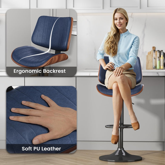 Swivel Bar Stools 2PCS, Adjustable Bentwood Barstools for Kitchen Counter | Modern PU Leather Upholstered Bar Chair with Back and Footrest, for Kitchen Island, Bar, Dining Room, Navy