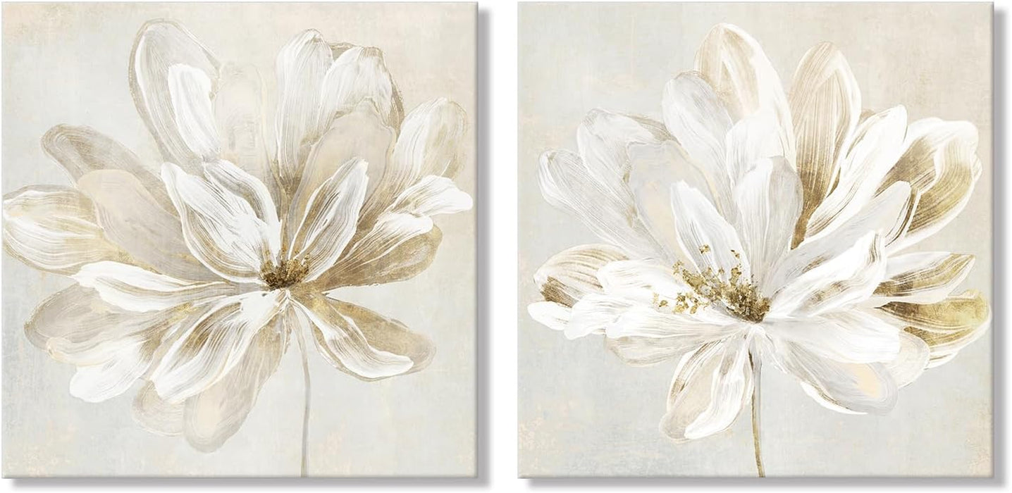 2 Pcs Beige and Gold Flower Wall Art Blooming Flower Abstract Floral Artwork Canvas Print Poster for Living Room Bedroom Office Wall Decor 24"X24"