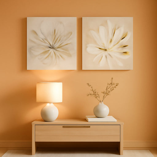 2 Pcs Beige and Gold Flower Wall Art Blooming Flower Abstract Floral Artwork Canvas Print Poster for Living Room Bedroom Office Wall Decor 24"X24"