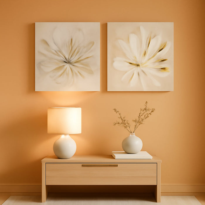 2 Pcs Beige and Gold Flower Wall Art Blooming Flower Abstract Floral Artwork Canvas Print Poster for Living Room Bedroom Office Wall Decor 24"X24"