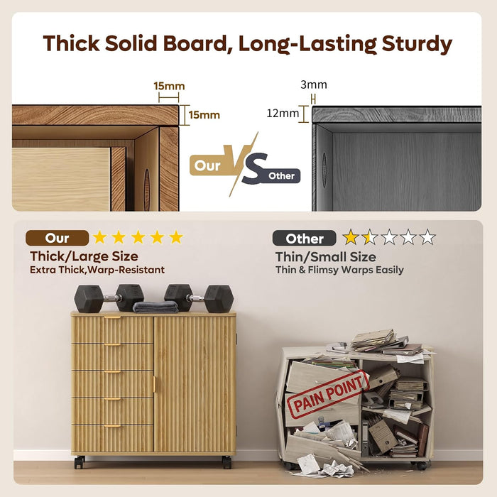 Five Drawer Oakwood Filing Cabinet Locking Casters