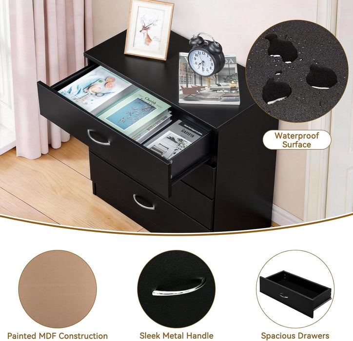 Black 4 Drawer Dresser for Bedroom, Modern Nightstand Storage Chest of Drawer, Wooden Side Table End Table, Living Room, Reception Room