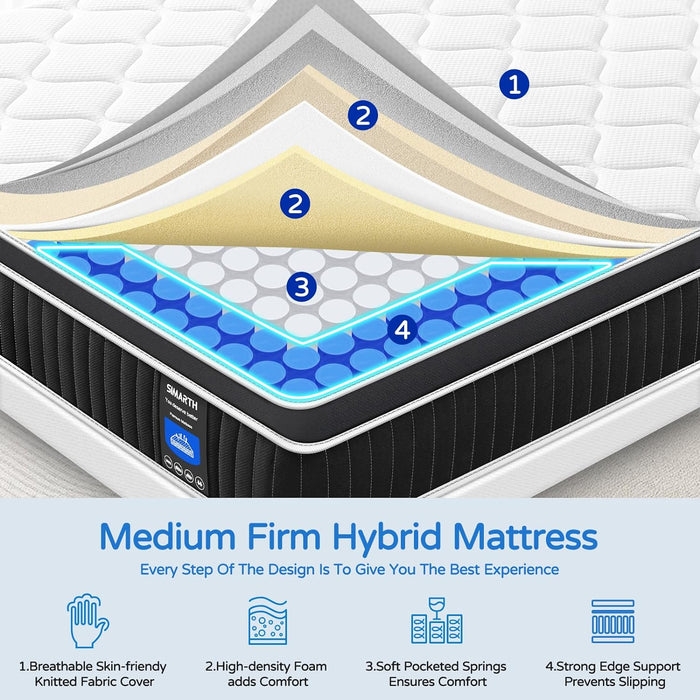 Queen Size Mattress 14 Inch, Upgrade Strengthen Queen Hybrid Mattresses in a Box, Memory Foam and Individually Pocketed Springs for Support and Pressure Relief, Medium Firm