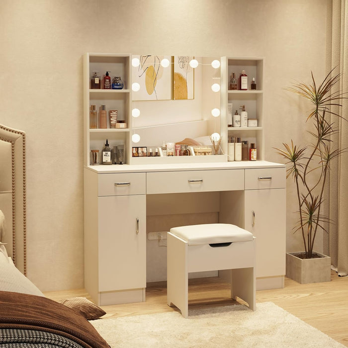 Vanity Desk with Lighted Mirror, Large Makeup Vanity Table Set with Storage Bench & Cabinets, 3 Brightness Mode, 45.2Inch (W), White