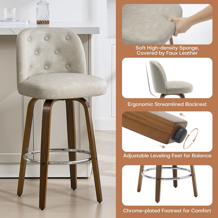Bar Stools Set of 2, 26" Counter Height Swivel Bar Stools with Back,Walnut Bentwood Legs, Faux Leather Upholstered Counter Stools, Modern Counter Chairs Bar Stool for Kitchen Island, Griege