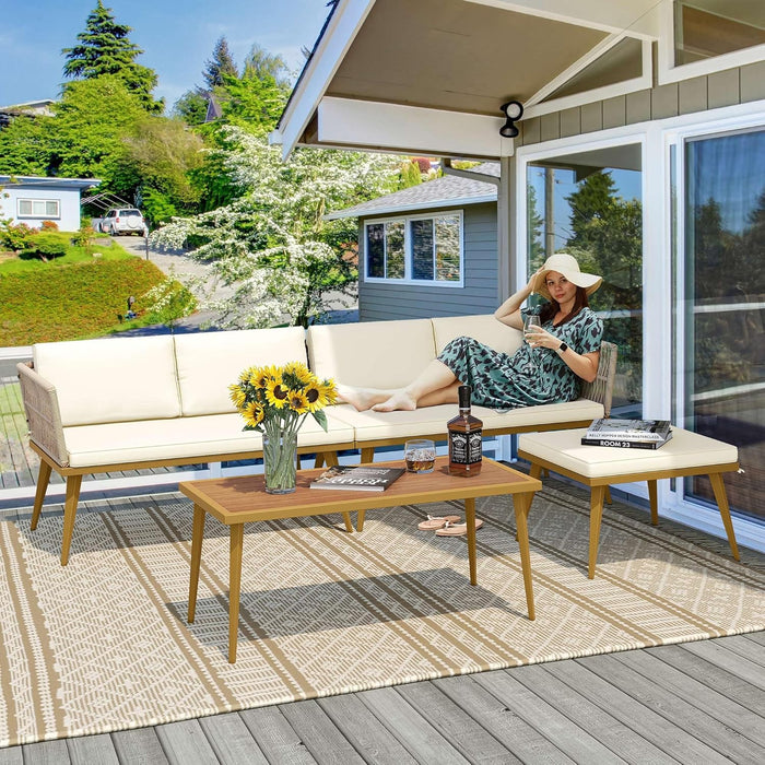 4 Pieces Patio Furniture Set, Outdoor Rattan Woven Conversation Sectional L-Shaped Sofa for Backyard, Porch, Boho Detachable Lounger with Cushions and Side Table - Beige