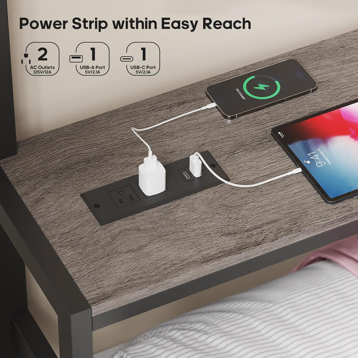 Bunk Bed Twin over Twin with 4 Storage Drawers & Shelves & Bedside Caddy, Twin Bunk Beds with Charging Station & LED Lights, Metal Loft Bed with Safety Guardrail & Angled Ladder, Black & Grey
