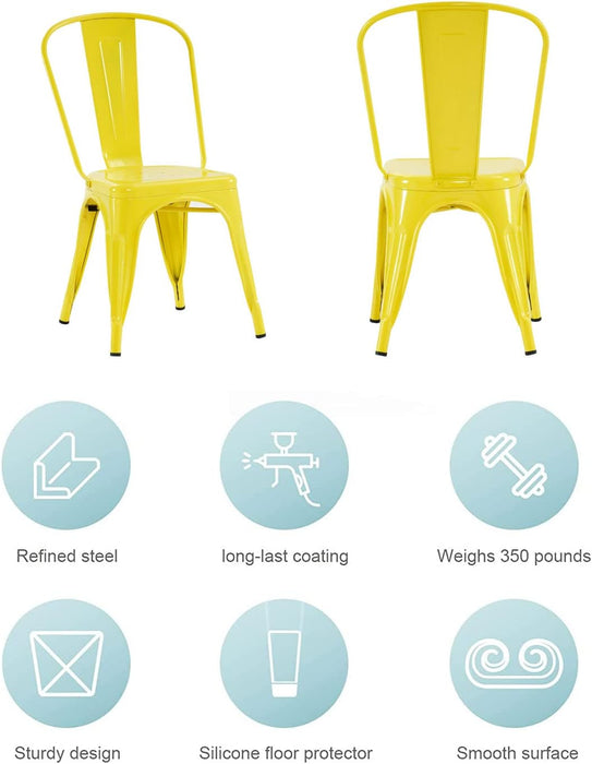 Metal Dining Chair Farmhouse Tolix Style for Kitchen Dining Room Café Restaurant Bistro Patio, 18 Inch, Stackable, Waterproof Indoor/Outdoor (Sets of 4) (Steel Seat, Yellow)