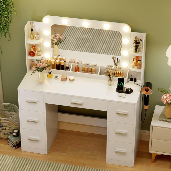 Makeup Vanity Desk with Large Mirror and Lights, Vanity with Power Strip and Hairdryer Holder, 6 Open Shelves and 7 Drawers Modern Dressing Table, for Bedroom (White)