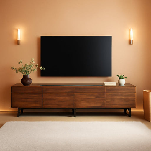 3 in 1 Modern TV Stand for Tvs up to 110 Inch, Wood Entertainment Center TV Console with Storage Cabinets and Metal Base, Media Console for Living Room,Brown