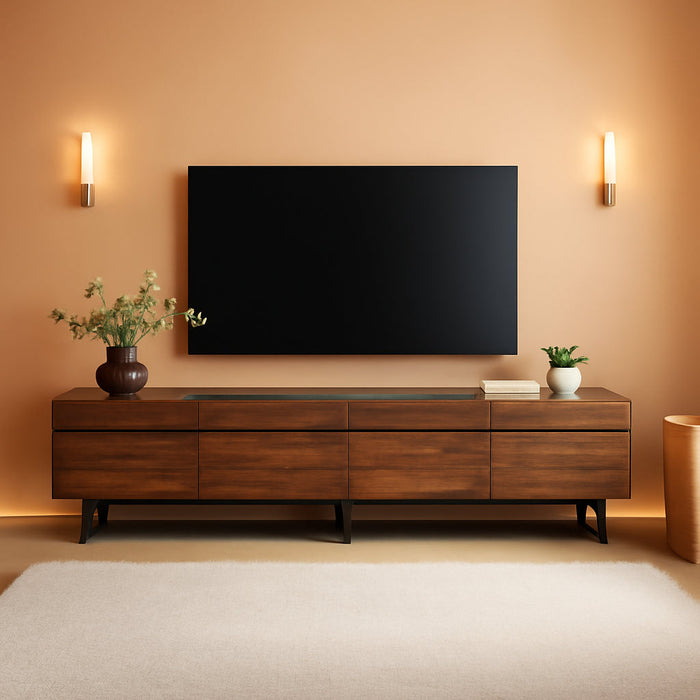 3 in 1 Modern TV Stand for Tvs up to 110 Inch, Wood Entertainment Center TV Console with Storage Cabinets and Metal Base, Media Console for Living Room,Brown