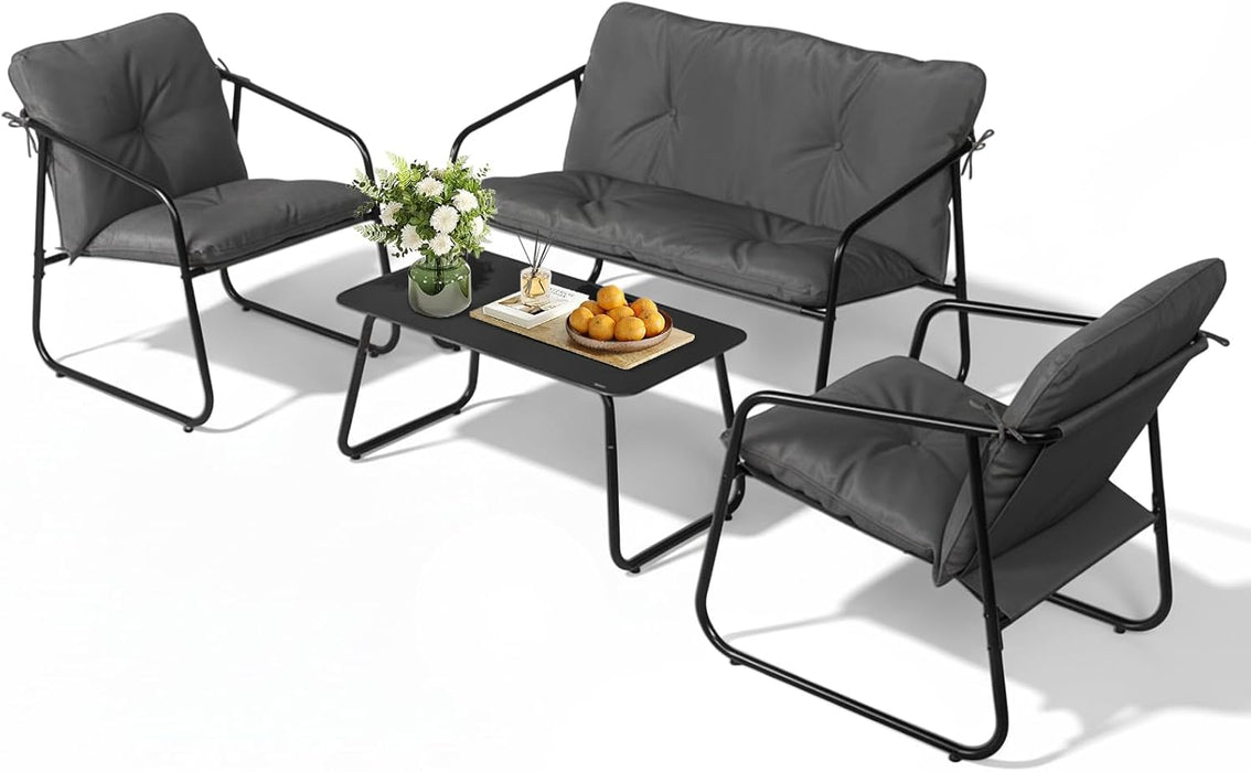 4 Piece Patio Conversation Set, Outdoor Furniture Set with Glass Coffee Table & Comfortable Cushion, All-Weather Cushioned Seating for Garden, Backyard, Porch, Grey