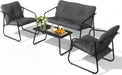 4 Piece Patio Conversation Set, Outdoor Furniture Set with Glass Coffee Table & Comfortable Cushion, All-Weather Cushioned Seating for Garden, Backyard, Porch, Grey