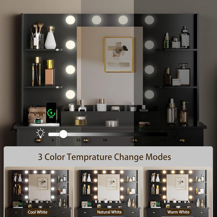 Vanity Desk with Mirror and Lights, Makeup Vanity with Mirror and LED Lights & Power Outlet, 3 Drawers and Cabinets, 3 Lighting Modes Dressing Table Set for Girls Women Bedroom,Black