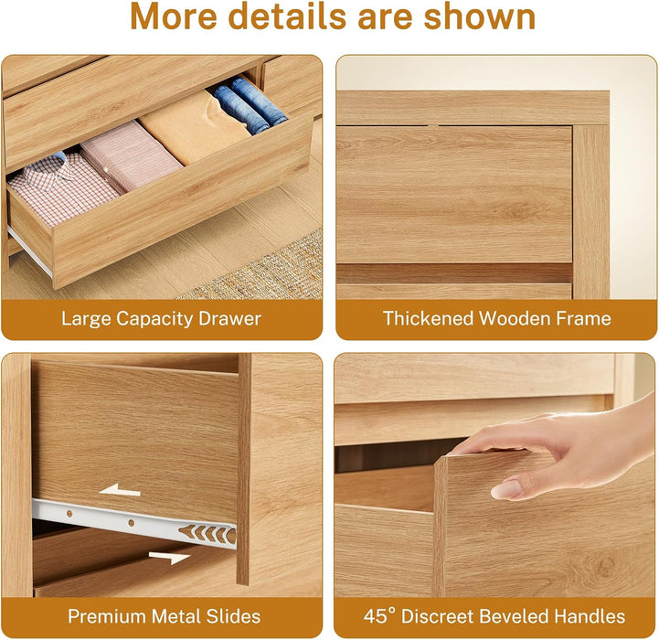 55" Dresser for Bedroom with 6 Drawers, Modern Dressers & Chests of Drawers with Thicker Panels, Wooden Dresser TV Stand, Bedroom Dressers, for Bedroom, Hallway, Natural