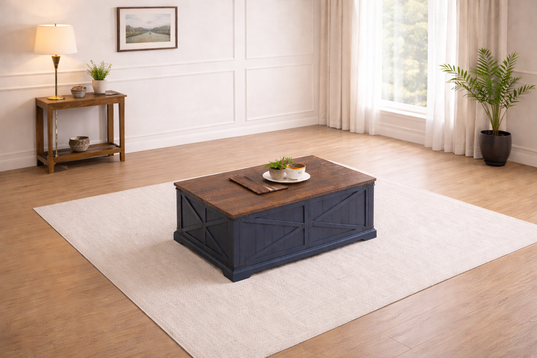 103 Inch Blue L-Shaped Sectional Sofa with Lift Top Storage Coffee Table Set