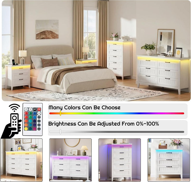 Farmhouse 6 Drawer Dresser with Charging Station & LED Lights, Slim Wooden Bedroom Dresser, Rustic Chest of Drawers Clothes Storage Organizer for Closet Dorm Apartments, White