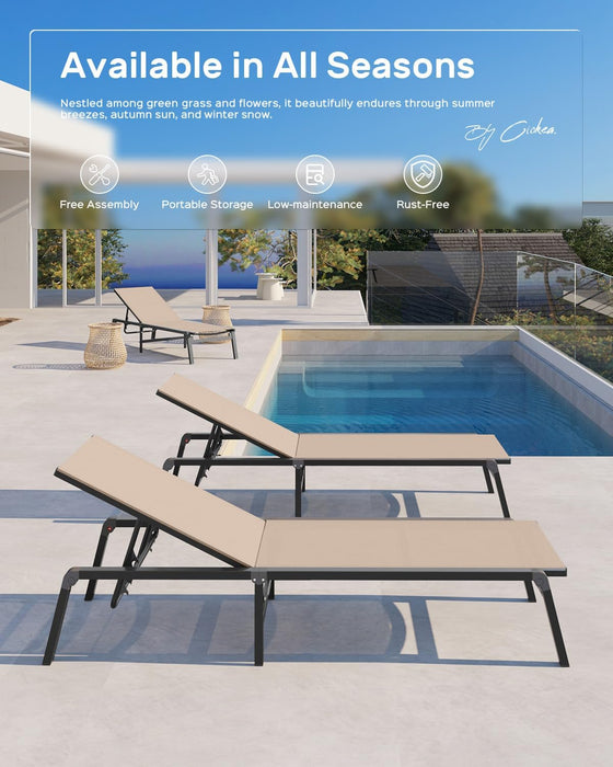 Foldable Outdoor Lounge Chair, No Assembly Patio Chaise Lounge Outdoor with 5-Positions, Aluminum Pool Lounge Chair with Portable Design for Pool, Deck, Beach, Backyard, Beige