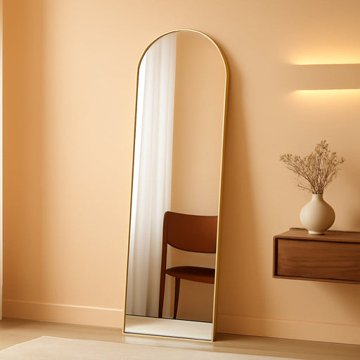 59"X16" Arched Full Length Mirror, Full Body Mirror with Aluminum Alloy Thin Frame, Leaning or Standing, Suitable for Bedroom, Livingroom, Cloakroom, Gold
