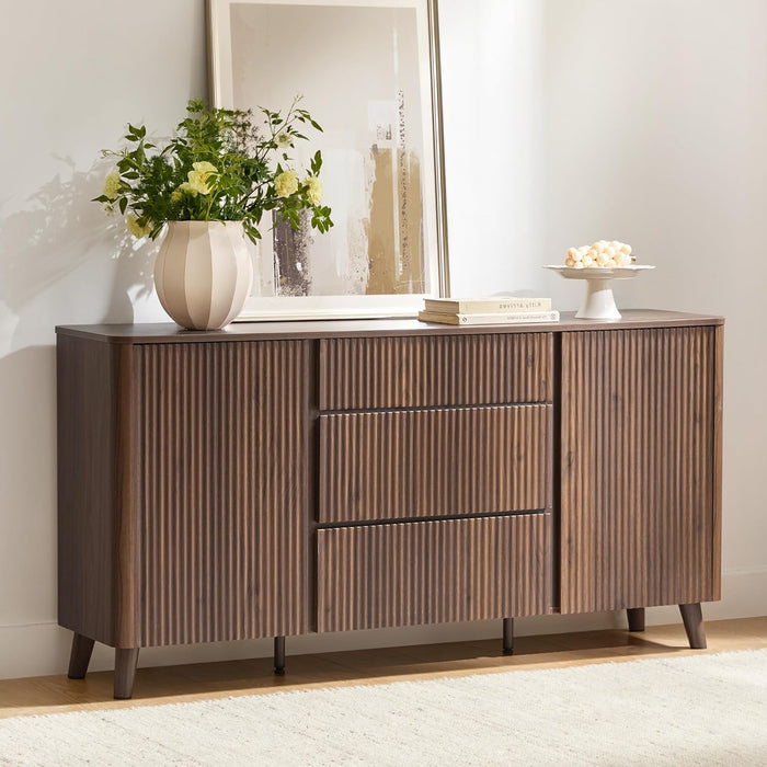 62" Sideboard Buffet Cabinet with Storage, Living Room Accent Cabinet with Drawers, Doors and Adjustable Shelves, for Bar, Kitchen, Walnut