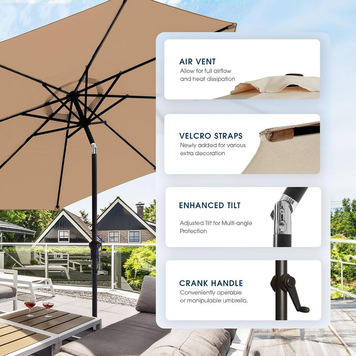 10FT Patio Umbrella with Base, Outdoor Umbrellas with Base Included, 8 Sturdy Ribs, Waterproof Fade Resistant POLYESTER DTY Canopy for Deck, Lawn, Garden, Backyard & Pool, Tan