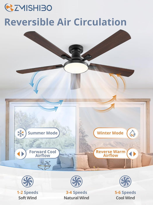 52 Inch Ceiling Fans with Lights, Flush Mount Low Profile Ceiling Fan with 6 Speeds & 3CCT, Smart Remote&App Control, Dimmable 24W LED Light, Quiet DC Motor for Living Room Bedroom,Black