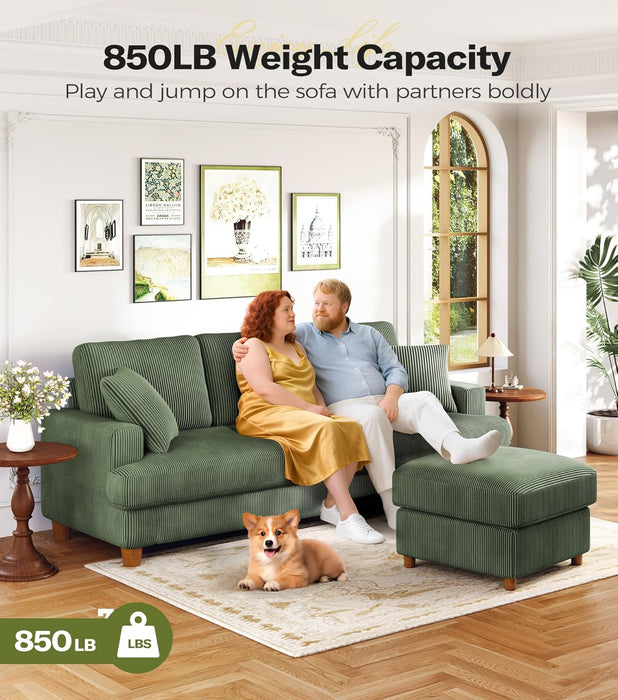 Corduroy Sofa EightySevenInch DeepSeat Green LivingRoom Comfort