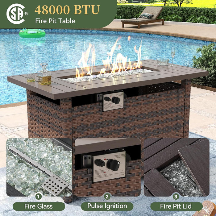 7 Piece Patio Furniture Set with Wide Armrests & 44” Fire Pit Table Wicker Rattan Outdoor Sectional Sofa Set with Coffee Table and Thickened Cushions, Brown/Beige(Waterproof Cover Included)