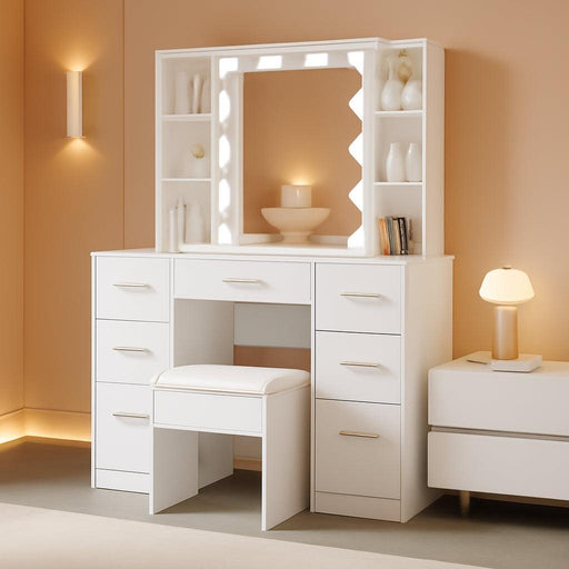 Vanity Desk with Mirror,Make up Vanity with 1 Stool 6 Drawers 6 Shelves & LED Mirror,3 Modes Light Adjustable,Vanity Desk for Bedroom,White,39.5" L*15.8" W*55.2" H.