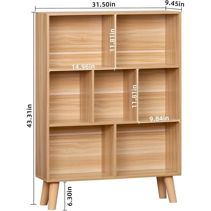 Wooden 7 Cube Book Shelf, Natural 3 Tier Bookshelf with Legs, Modern Open Storage Organizer,Boho Bookcase,Display Cabinet Shelf Free Standing Bookshelves for Bedroom,Living Room,Office