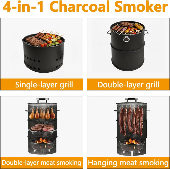 Charcoal Smoker Grill, 20" Barrel Smoker, Outdoor Barbecue Grill, Ideal for BBQ, Party, Backyard, Patio, Cooking, Heavy Duty round Grill, Vertical Smoker