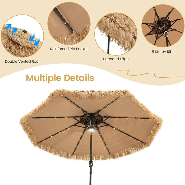 9 Ft Thatched Patio Umbrella, 2 Tier Hawaiian Style Grass Beach Umbrella with 32 Led Lights, Center Light, Solar Tiki Umbrella with 8 Ribs, Tilt Adjustment, Manual Crank for Backyard Pool