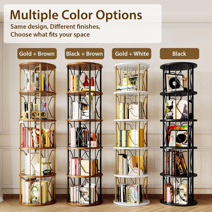5 Tier Rotating Bookshelf Tower, Revolving Bookcase, 360° round Spinning Book Shelf, Narrow Swivel Bookshelves Vertical Turning Corner Bookshelf Organizer for Bedroom, Living Room, Gold & Brown
