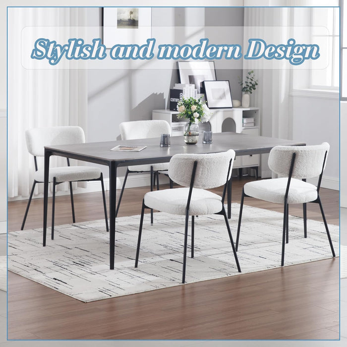 Boucle Dining Chairs Set of 6, Modern Mid-Century Upholstered Stylish Kitchen Chairs Sherpa Accent Diner Chairs with Metal Legs and Curved Back for Kitchen, Dining Room(White)