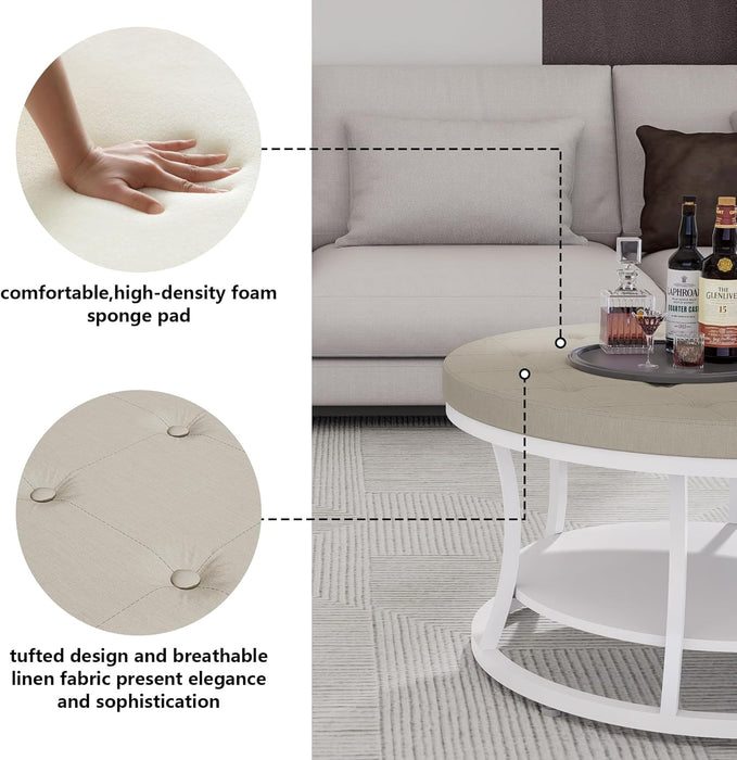 Large round Ottoman Coffee Table with Storage Shelf, 31.5 Inch Tufted Linen Upholstered Footrest Stool, Modern Accent Ottoman with Sturdy Metal Legs for Living Room, Bedroom, Dorm Decor, Beige