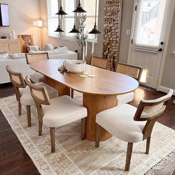 Mid Century Modern Rattan Dining Chairs Set of 4, Farmhouse Linen Upholstered Accent Chair Curved Backrest Kitchen Chairs, with Hardwood Frame, Beige