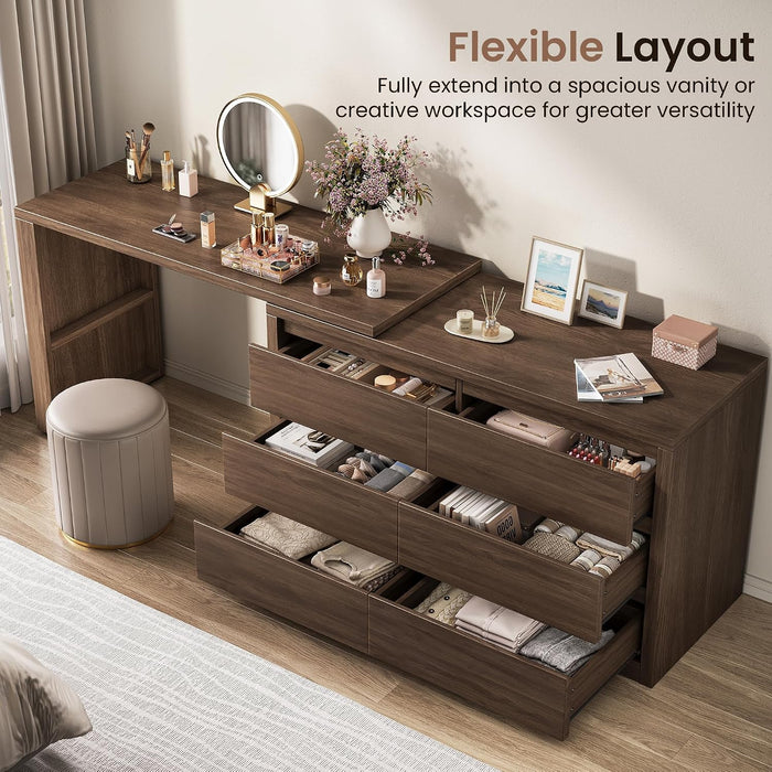 6 Drawer Double Dresser for Bedroom, L Shaped Modern Simply Chest of Drawers, Wood Storage Corner Dresser with Anti-Tipping for Living Room Entryway Home Office, Walnut