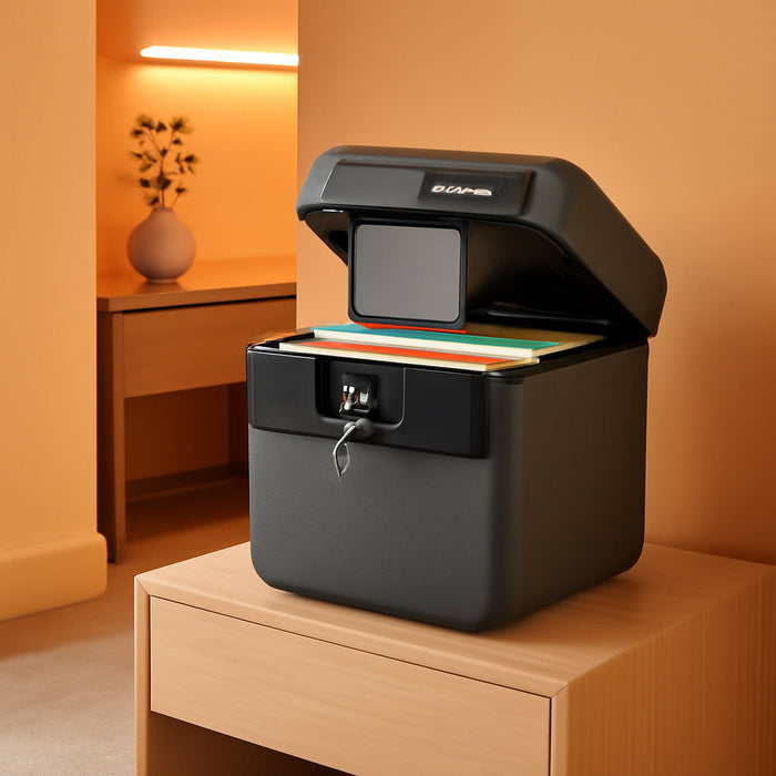 Black Fireproof and Waterproof Safe, File Folder and Document Box with Key Lock, Ex. 14.3 X 15.5 X 13.5 Inches, HD4100