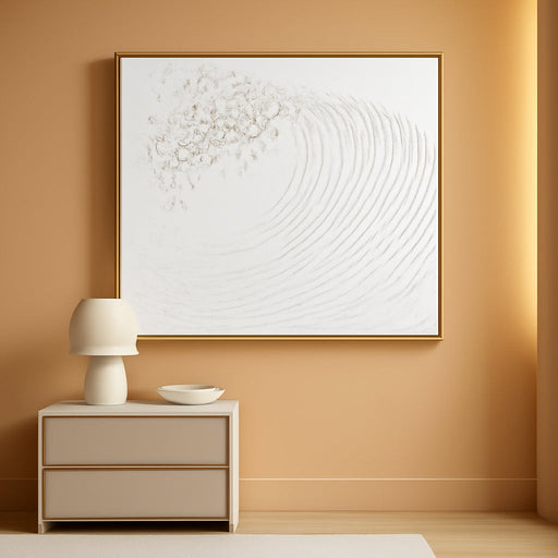 White Hand Painted Oil Painting Wall Art - Large Framed Ocean Waves 3D Textured Home Decor 48X24 Horizontal Canvas Minimalist Artwork Decoration for Living Room Bedroom