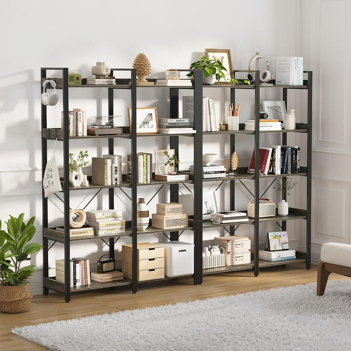 Large Industrial Grey Wooden 5 Tier Bookshelf