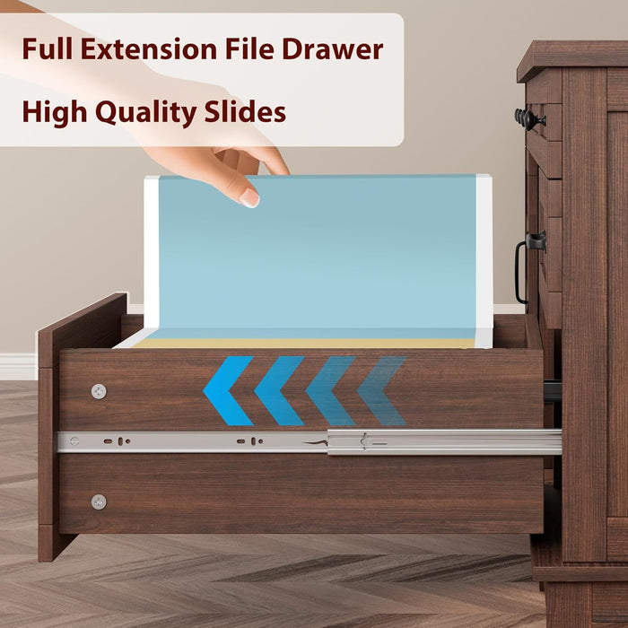 60In Wooden Executive Desk with 5 Drawers, Office Desk Computer Table with Charging Station, Farmhouse Home Office Desk with File Cabinet Storage, for Study and Home Office, Walunt Brown