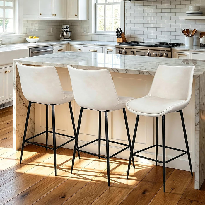 Counter Height Bar Stools Set of 3, FSC Certified Upholstered Faux Leather Barstools with Back, Metal Base, 27" Seat Height, Modern Upholstered Counter Stools for Kitchen Island,(Beige