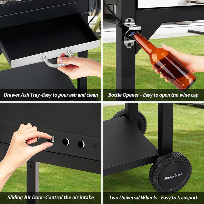 Charcoal Grills with Two Side Tables, 332 SQIN Cooking Area Outdoor Smoker Barbecue Bbq Grill for Camping, Patio,Backyard Party, Picnic, Black