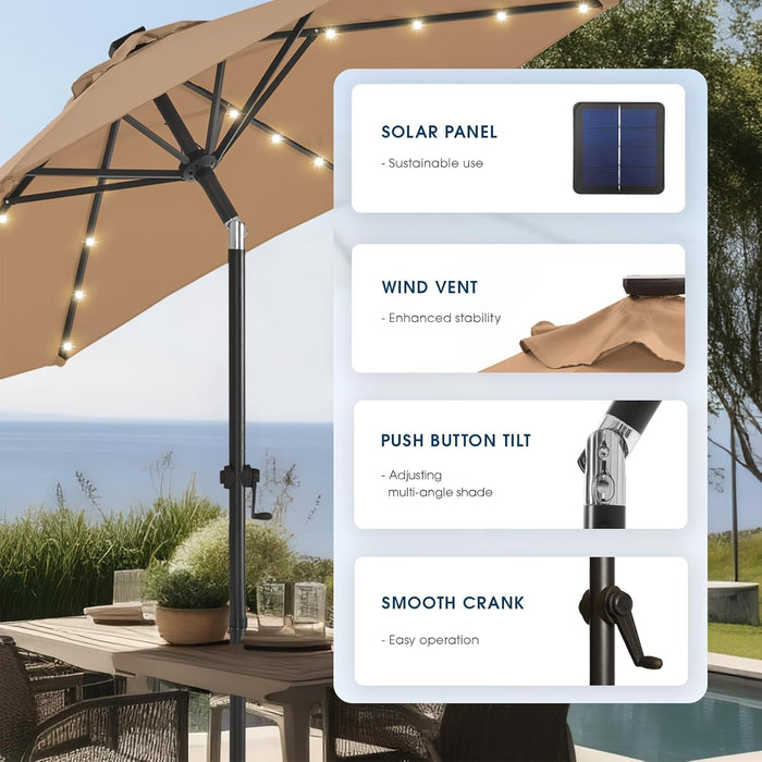 9FT Solar Led Patio Umbrella with Base Included, 32 LED Lights, 8 Sturdy Ribs, Fade Resistant Waterproof POLYESTER DTY Canopy for Garden, Lawn, Deck, Backyard & Pool, Tan