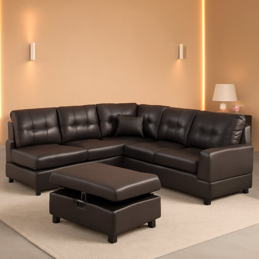 Brown Leather Sectional Couch for Living Room Set,Sectional Sofa L Shape Couch with Storage Ottoman/Brown Faux Leather/Facing Left Chaise